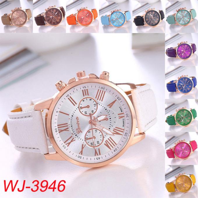Der Frauen-WJ-8426 Farblegierungs-Uhrgehäuse-Rosa-Lederband-Uhr Mode-Handgelenk-der Qualitätssicherungs-8