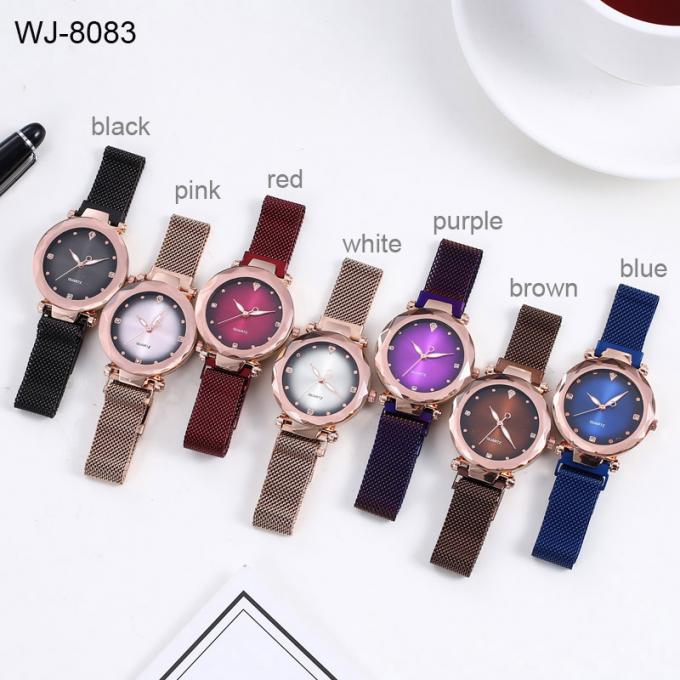 Neuer der Art-WJ-8656 purpurroter Farbmagnetischer Bügel-analoge Quarz-Uhr Edelstahl-Uhrenarmband-Legierungs-der Rechtssachen-5